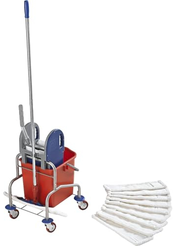 eurokraft | Kit Chariot d'entretien en INOX | Seau de 25 litres | Support et 10 Franges | avec Presse à essorer