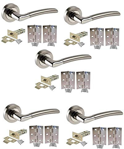 Golden Grace Indiana Door Handles, Satin Nickel/Polished Chrome Finish | Includes 5 tubular latches, hinges, and screws for hassle-free installation, offering a tidy look with sprung levers.