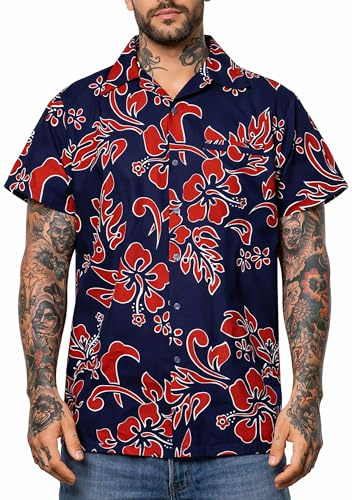 King Kameha Funky-Chemise-Hawaienne, Manche-Courte, Hibiscus, Bleu-Marine-Rouge, XXL