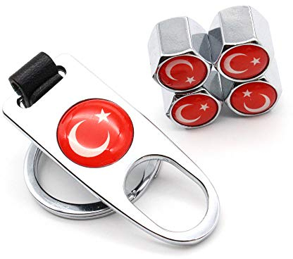 HIGGER 5 Teile/satz Türkei Flagge Stil diebstahl Emblem Auto Rad Reifen Air Leder schnalle Ventilkappen Mit Schraubenschlüssel (Silber)