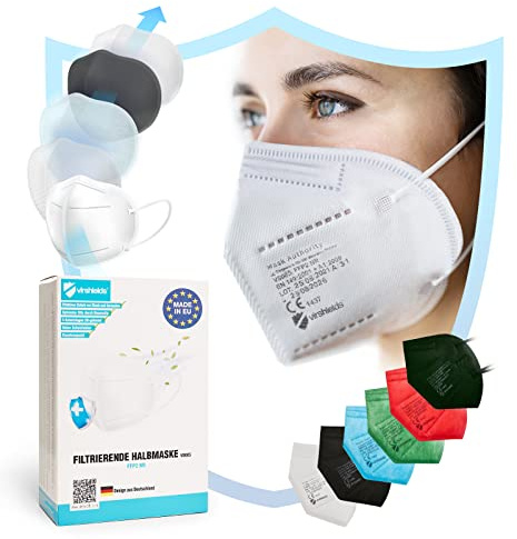Virshields® FFP2 Mundschutz Maske - PFE 94%, VFE 99.99%, EN 149:2001+A1:2009, 5 Lagen, 10-2000 Stück, Filtrierend, Made in EU, Farbwahl - Atemschutzmaske, Schutzmaske, Halbmaske (100, Weiß)