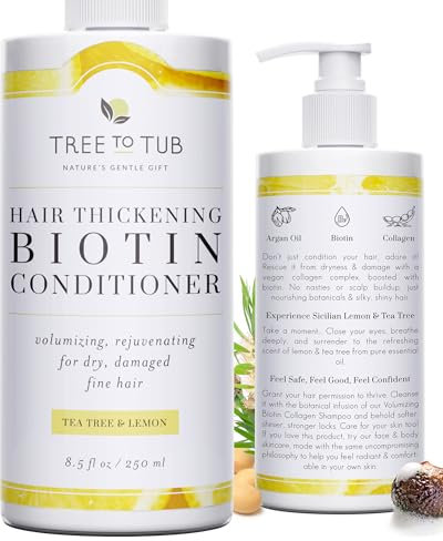 Tree To Tub Vegan Biotin and Collagen Conditioner for Dry, Damaged Hair - Volumizing Sulfate Free Fine Hair Thickening Conditioner for Women & Men w/Organic Argan Oil, All Natural Lemon, Tea Tree Oil