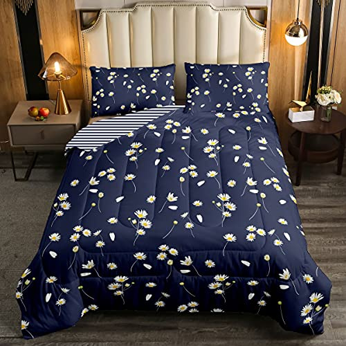 Loussiesd Gänseblümchen Bettdecke 135x200cm Mädchen Damen Niedlich Gänseblümchen Blumen Winter Sommer Bettdecke Erwachsene Dunkelblau Weiß Garden Blumen Steppbett Atmungsaktiv Botanisch Zimmer Dekor