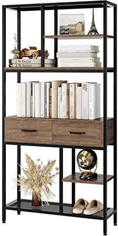 HOCSOK Bücherregal, Büroregal mit 5 Ebenen und 2 Schubladen, Standregal Holz & Metallgestell, Aufbewahrungsregal für Büro, Wohnzimmer, Schlafzimmer, Flur, 30 x 90 x 180 cm