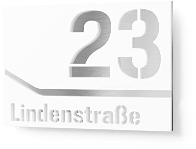 Graviers Design Hausnummernschild aus V2A Edelstahl 215x150 - Weiß - Wetterfest Rostfrei Individuell anpassbar mit eigener Nummer Straße - Made in Germany