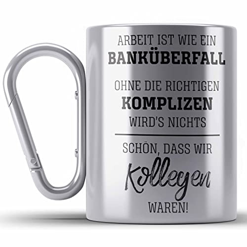 Trendation - Jobwechsel Edelstahl Tasse Karabiner Geschenk für Kollegen Kollegin Abschied Abschiedsgeschenk Neuer Job Karabiner Edelstahl Tasse Karabiner Edelstahl Geschenkidee (Silber)
