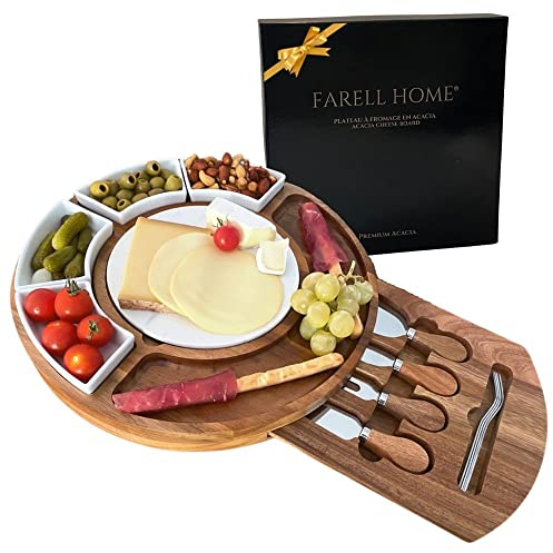 Farell Home® – Plateau a Fromage & Charcuterie en Bois d'Acacia- Planche Fromage Rond pour l’Apéritif – Couverts, Ardoise en marbre 2 face et Ramequin – Coffret Dégustation – Idée Cadeau (Rond)