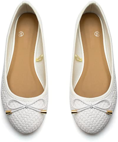 Dernolsea Womens Patent Leather Bow Ballet Flats | Round Toe, Slip On, Ladies Flat Ballet Pumps, Dolly Ballerina Shoes for Office Wedding