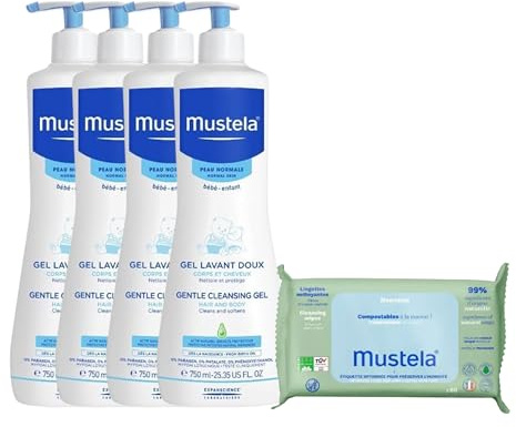 Mustela | Mildes Waschgel + Bio-Reinigungstücher | Reinigt & Schützt | Beruhigt und gleicht die austrocknenden Effekte des Badens aus | Körper & Haare | Kinder & Babys | BIO