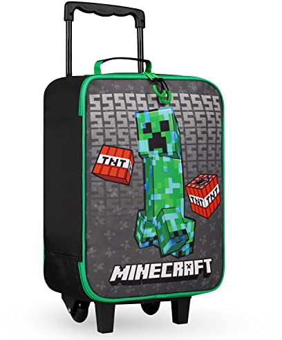 Minecraft Koffer Kinder Faltbarer Trolley Tasche mit Rollen Creeper Kinderkoffer Reisekoffer Kinder für Urlaub Wochenendtrips, 46x30x18cm, 15L (L46cm x W30cm - 15L, Schwarz)