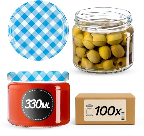 KADAX 100er Set Marmeladengläser 330ml TO82 Blau kariert, Einmachgläser Vorratsgläser Mason Jar mit Schraubdeckel, Luftdichte Schraubgläser, Honig & Konfitüre