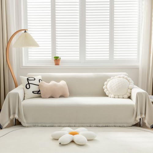 VanderHOME Copridivano in Ciniglia Di Alta Qualità, Coperta per Divano Calda, Super Morbida e Confortevole, Coperta Multifunzionale per Quattro Stagioni 180 * 300cm Bianco sporco