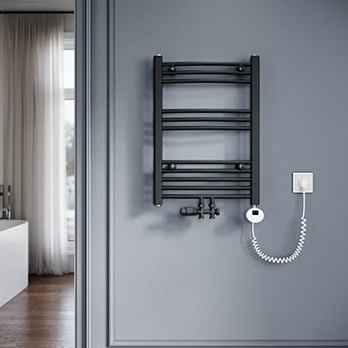 SONNI Badheizkörper Elektrisch mit Thermostat und Multiblock 700x500 mm Anthrazit Gebogen Handtuchtrockner Mittelanschluss Oval Handtuchwärmer für Bad Heizung 400W
