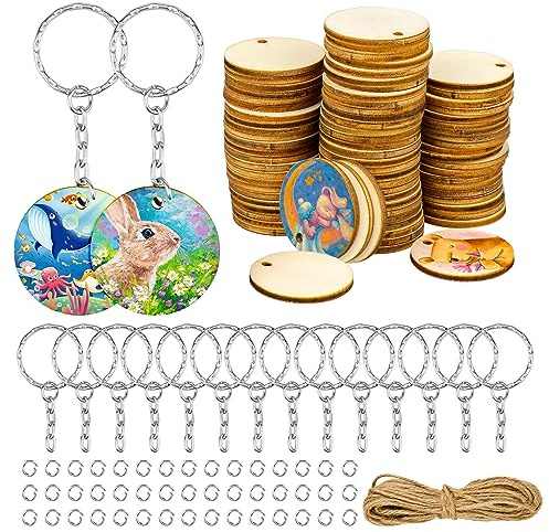 Meejoy 100 Stück Natürliche Runde Holzscheiben 3.5cm Unfertige Holzkreise mit Loch mit 50 Stück Schlüsselanhänger und 10m Hanfseil zum Basteln Hängende Dekoration Weihnachtsschmuck