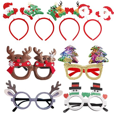 Fiyuer 8 Stück Weihnachts Haarreif Partybrille, Weihnachtskostüm Kopfschmuck Haarschmuck, Weihnachten Stirnband Haarband, Weihnachtsbrillen für Kinder & Erwachsene, Party Favors