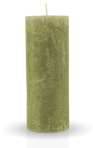 HS Candle Rustikale Stumpenkerze Olive Ø7cm x 18cm - vers. Farben/Größen - lang Brenndauer Antik Kerze, Duftfreie Altarkerze - Dekokerze