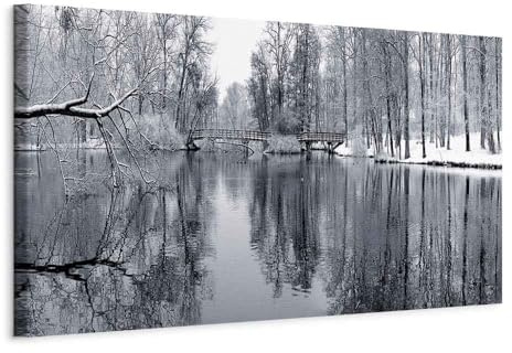 B&D XXL - Grand Tableau Décoration Murale Chambre, Maison Bureau, 135x45 cm | Clous Inclus, Impression sur Toile, Tableaux, Posters et Arts Décoratifs, Cadre en Bois, Cuisine Lac de la Forêt d'hiver