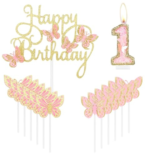 mciskin Geburtstagskerzen, Schmetterlingskuchendekoration, goldrosa, Zahl 1 für Kuchenaufsätze, Mädchen, glitzernder Schmetterlingsaufsatz für Mädchen zum ersten Geburtstag