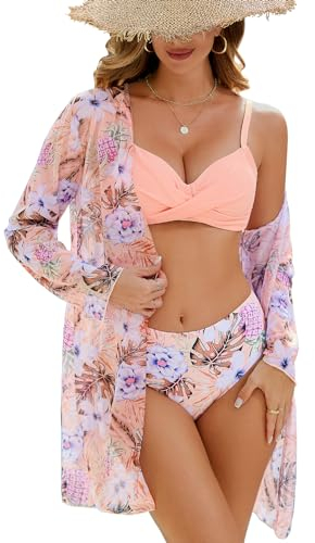 Vijamiy Maillot De Bain Femme 3 Pieces Sexy Push Up Ensembles Bikini Set Rembourré Réglable Triangle Maillot De Bain Imprimé Gainant Ventre Plat Elégant Grande Taille Plage Swimwear(Rose,S)