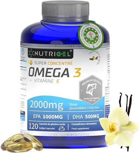 Omega 3 capsulas 2000mg por dosis diaria (2 cápsulas) EPA 1000mg + 500mg DHA - Sabor Vainilla - omega 3 epa y dha - Superconcentrado - Destilado Molecularmente - 120 cápsulas - Hasta 4 meses