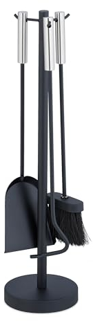 Relaxdays Kaminbesteck, 4-teiliges Set, Schürhaken, Ascheschaufel, Kaminbesen & Ständer, Kamingarnitur modern, schwarz