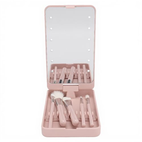 Travel Makeup Brush Set, 5pcs Mini Complete Function Cosmetic Brushes Kit, Portable Cosmetic Brushes Kit with LED Light Mirror for Foundation Powder Concealers Eye Shadows