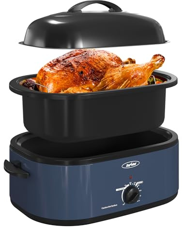 Sunvivi Roaster Oven, Electric Roaster Oven with Self-Basting Lid, 24lb 20-Quart Turkey Roasters with Unique Defrost/Warm Function, Large Roaster with Removable Pan & Rack, Stainless Steel, Blue