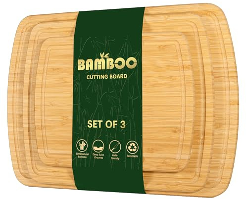 Baoee (45x32 / 37x29 / 30x23 cm) Küche Schneidebrett, Bio Bambus Schneidebrett Set 3, Holz Schneidebretter mit tiefen Saft-Slot, einfach zu greifen Griff
