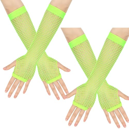 FSSTUD 2 Paar lange fingerlose Netzhandschuhe Fischnetz Arm Ärmel 80er Jahre Party Kostüm Handschuhe Halloween Cosplay Mesh Handschuhe, grün, 23 cm