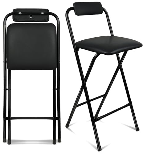 FATOLRD Folding Bar Stool with Back, 1 PCS Tall Foldable Stool Chair Portable Collapsible Stool for Adult Counter Height Seat Leather Padded Kitchen Shop Comfortable Sturdy 25.5 Inch