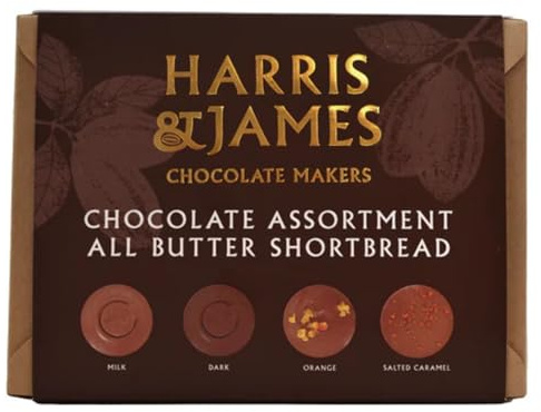 Harris & James All Butter Shortbread Biscuits Assortment Box. Contains Milk Chocolate, Dark Chocolate, Chocolate Orange and Salted Caramel (360g)