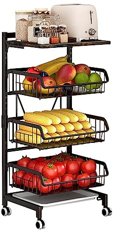 Todeco Obst- und Gemüsekorb mit Rädern, Gemüseregal für Küche, 4 Ebenen mit Brett, Aufbewahrungswagen mit feststellbaren Rollen und Tablett, für Küche, Obst, Gemüse