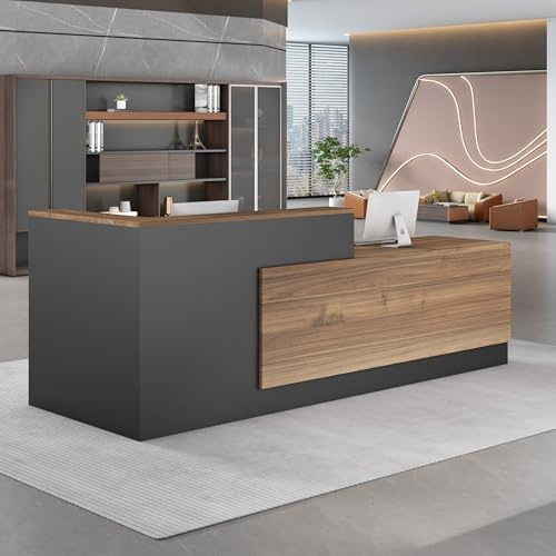 UKETO 200CM Moderne Empfangstheke aus Holz - L-Form Empfangstresen für Büros multifunktionaler Empfangstisch mit großzügigem Stauraum Geeignet für Büros Rezeptionen Hotels (rechts hoch-A)