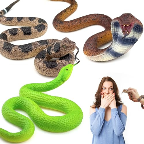 GZLCEU Set di 3 serpenti in gomma, set di simulazione di serpenti inclusi, cobra, serpente a sonagli, serpente verde foglia di bambù per scherzi, supporti di aprile, puntelli da giardino