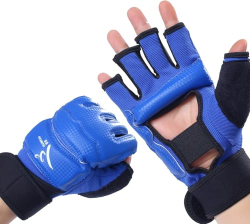 LiMMAX Guanti da boxe per kickboxing, MMA, da uomo, donna, mezze dita, guanti da combattimento, guantoni da boxe per allenamento con sacco da boxe, guanti UFC per uomini e donne, blu, XS