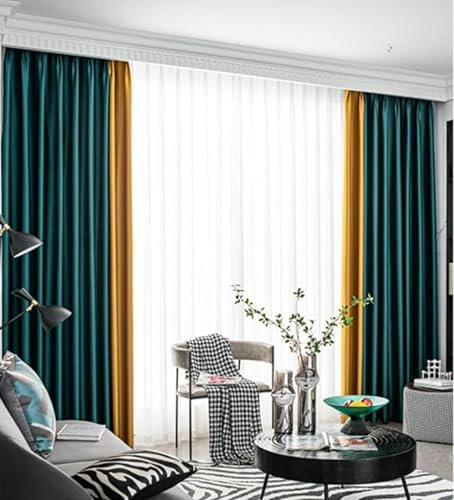 Wycian Küchengardine Fenster Abdunkeln Dunkelgrün Gelb 2er Pack Zweifarbiges Patchwork H138 x B96 cm (2er Pack) Polyester
