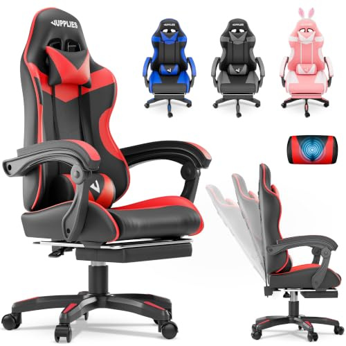 JUPPLIES Silla Gaming Profesional con Masajeador - Silla de Oficina Ergonómica, Altura Regulable y Respaldo Abatible - Silla Gamer (Rojo, Acolchado Arriba, con Reposapiés)