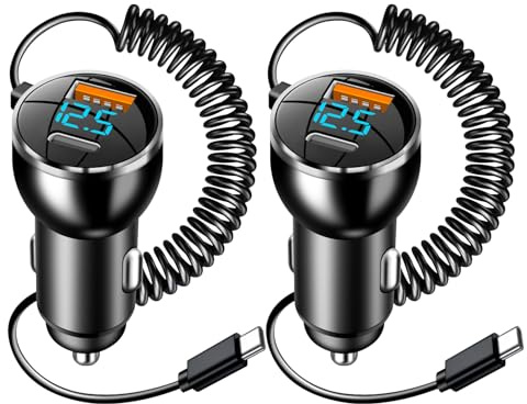 2 Stück Zigarettenanzünder USB C 100 W, Kfz Ladegerät USB C, USB Zigarettenanzünder Adapter, Auto Ladegerät Zigarettenanzünder PD&QC3.0, 1.5m Spiralkabel, Für iPhone Samsung Ipad Android