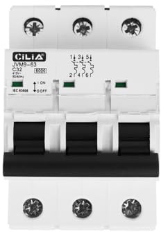CILIA Interrupteur Magnéto-Thermique, 3 Modules, Raccord DIN (Universel Pour Tout Tableau Dans le Commerce), Pôles 3P, Puissance de Coupure 6kA, Tension 415 Vac Courbe C In=32A (JVM9-63-3P-32A)