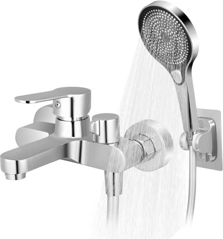 Bath Shower Mixer Tap, Modern Bath Taps with Shower Attachment Single Lever Monobloc Bathroom Sink Taps with Shower Head 1.5m Hose Solid Brass Body Bath Tap Set Chrome