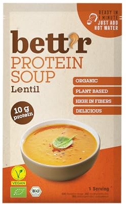 Bett’r BIO Sopa de Proteína con Lentejas Rojas - 100% Orgánica, Vegana, sin Gluten, sin Colorantes ni Aromas Artificiales - 16 x 30 g