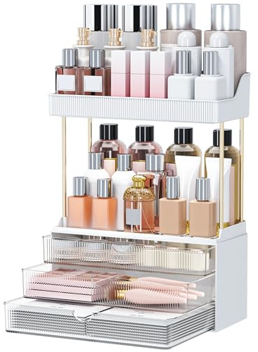 Storivo Makeup Organiser, 3 Tier Drawer, Cosmetics Organiser, Versatile Cosmetic Storage, Large Vanity Organiser, Dressing Table Organiser, Anti-Slip Design, Countertop Bathroom Storage, Clear