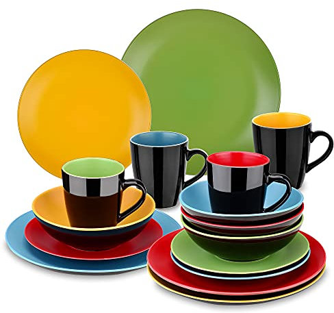 SQMGFA Ceramic tableware 16/32/48 Piece Matte Black Red Crockery Dinnerware Set with Dinner Dessert Plate Bowl Mug Tablewar (Color : 32-Piece Yellow) (16)