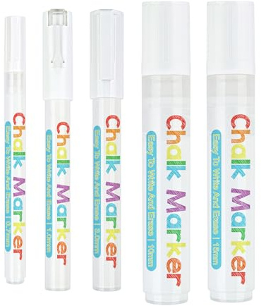 Moonlove 5 Pack White Chalk Markers Set Washable Erasable Liquid Chalk Pens 0.7 mm,1 mm, 3 mm, 10 mm, 15 mm Thick Tips Wet Wipe Marker Pens for Blackboard Glass Plastic