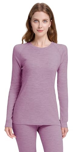 woolcano Ropa interior térmica para mujer, 100% lana merino, camiseta de manga larga ligera y transpirable, ideal para esquí, exterior e invierno, violeta, L