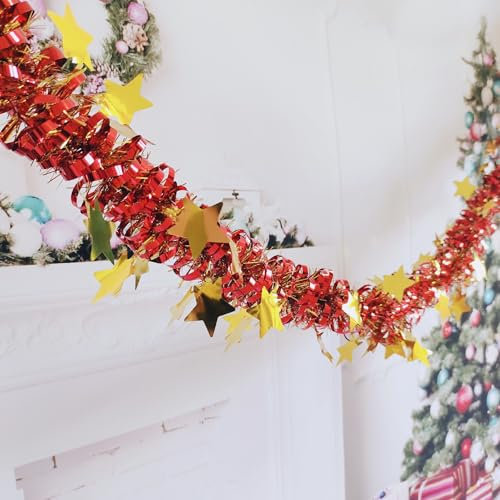 Blausky 2x2m Glänzende Lametta Girlande,Bunt Weihnachtsgirlande mit Stern Flauschigen Lamettergirlande zum Aufhängen Treppengirlande Weihnachtsdeko Girlande für Weihnachtsbaum,Rot