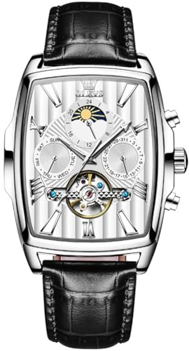 W WOLF-CUB Mode automatiska mekaniska klockor för män lyx Tourbillon äkta läder vattentät armbandsur månfas datumvecka multifunktionell display avslappnad affärer herrklocka, Svart och vitt