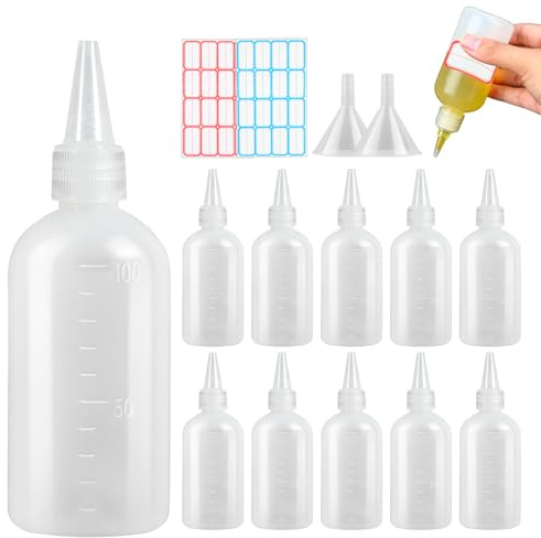 Yicenmy 12 Stück Quetschflasche, 100ml, PE, mit Schraubdeckel, für Ketchup | Squeeze Flasche, mit Trichtern Etiketten, für Senf, Mayo, Olivenöl, Honig, Gewürze