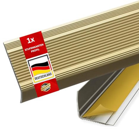 Floordirekt Profilo per bordi per scale a forma di L, in alluminio, 1 pezzo, 134 x 3 x 2 cm, oro – autoadesivo per parquet e laminato, incluso materiale di montaggio, integrale