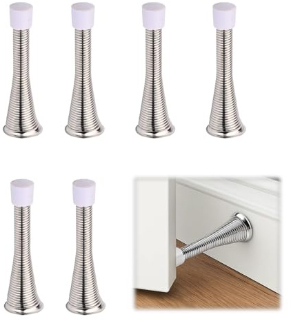 Spring Door Stop, 6 Pack Heavy Duty Metal Door Stoppers for Skirtings, Long Spring Door Stopper with Nickel Plating for Noise Reduction and Wall Protection, Ideal for Homes with Kids and Pets